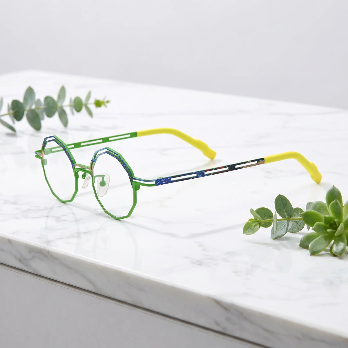 Barledear Meadow Lime eyeglasses angled side view showing slim cutout temples and bridge detail