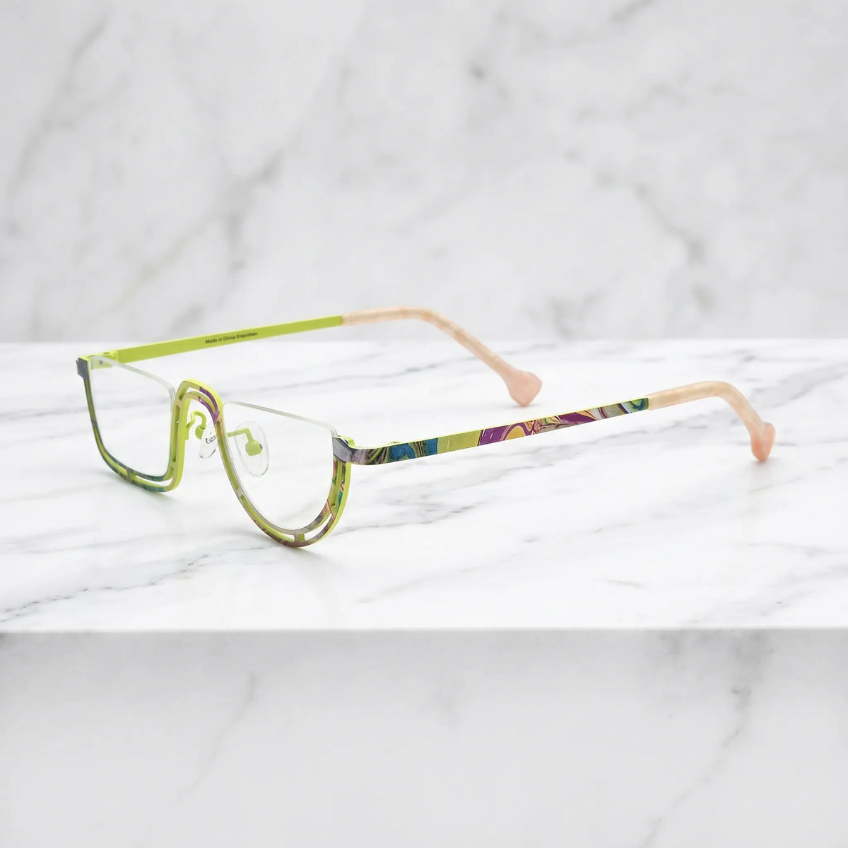 Barledear Meadow Lime Yellow eyeglasses angled side view showing patterned titanium temples and bridge