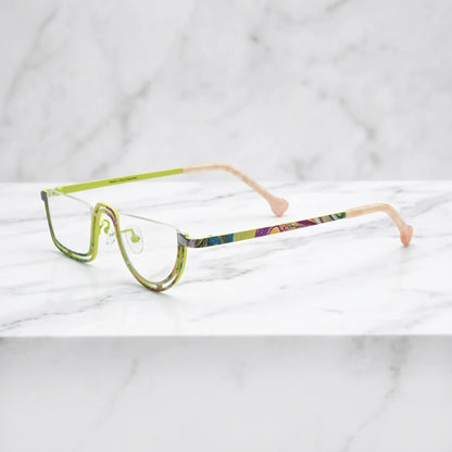 Barledear Meadow Lime Yellow eyeglasses angled side view showing patterned titanium temples and bridge