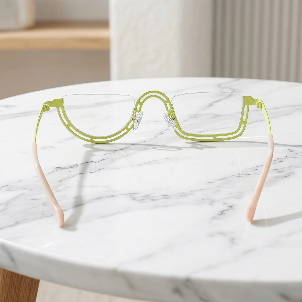 Barledear Meadow Lime Yellow eyeglasses back view showing temple shape and semi-rim frame structure