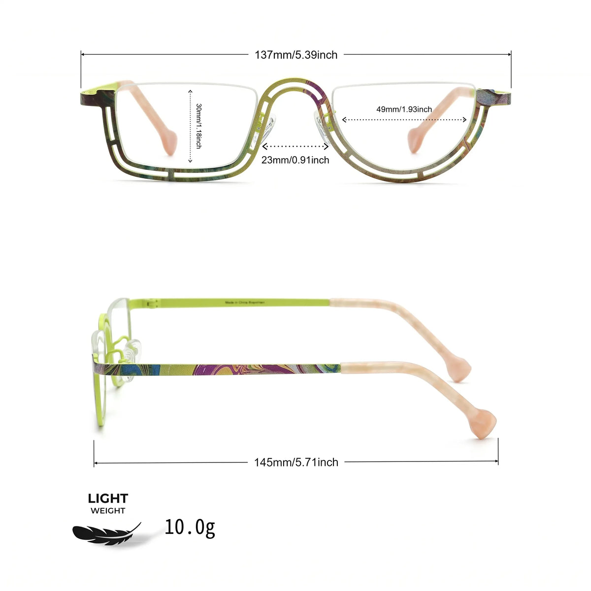 Barledear Meadow Lime Yellow eyeglasses size chart with 137 mm frame width 49 mm lens width 30 mm lens height 23 mm bridge and 145 mm temple