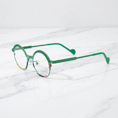 Barledear Meadow Mosaic eyeglasses angled side view showing slim titanium temples, curved green temple tips, and full-rim oval design