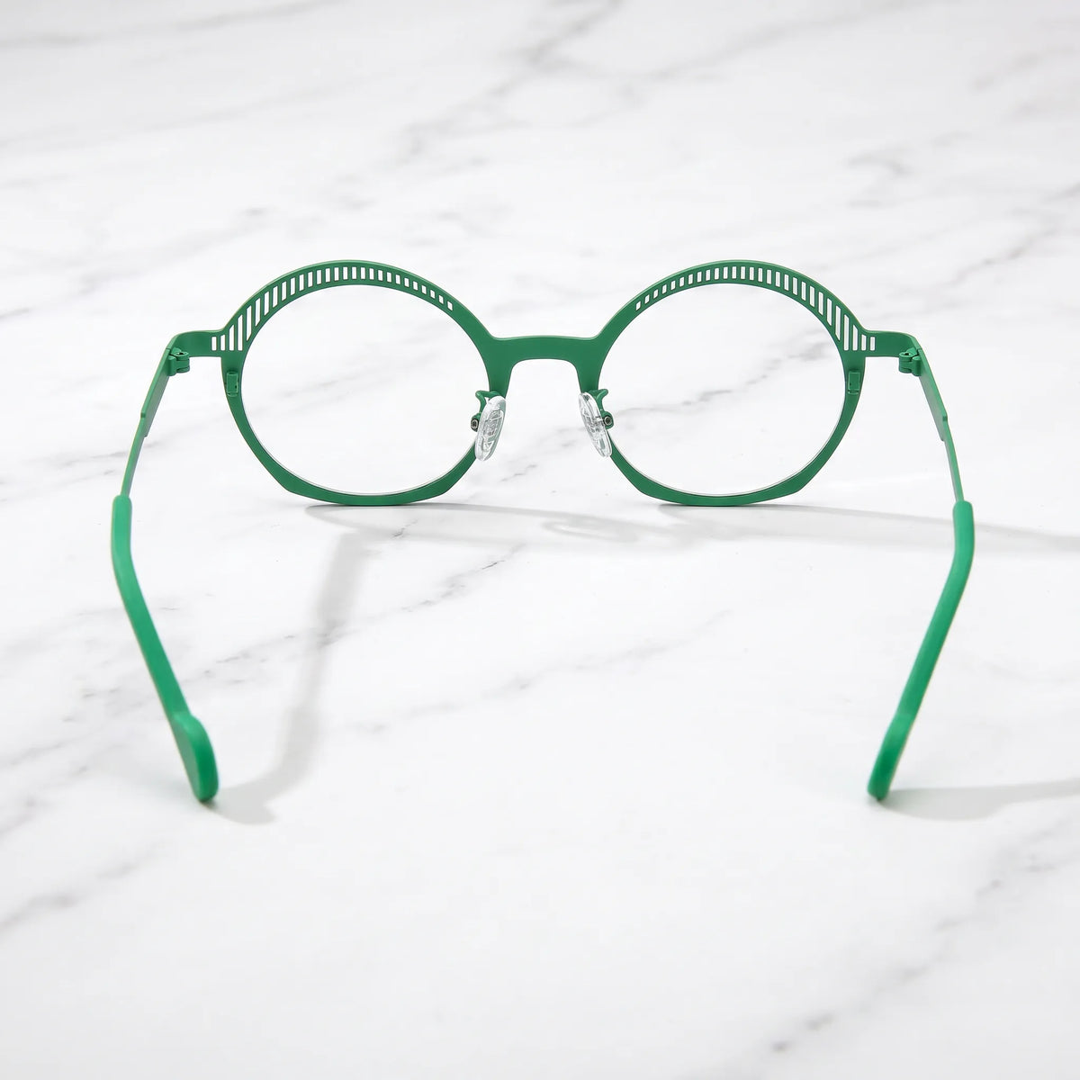 Barledear Meadow Mosaic eyeglasses back view showing adjustable clear silicone nose pads and prescription-ready titanium frame construction