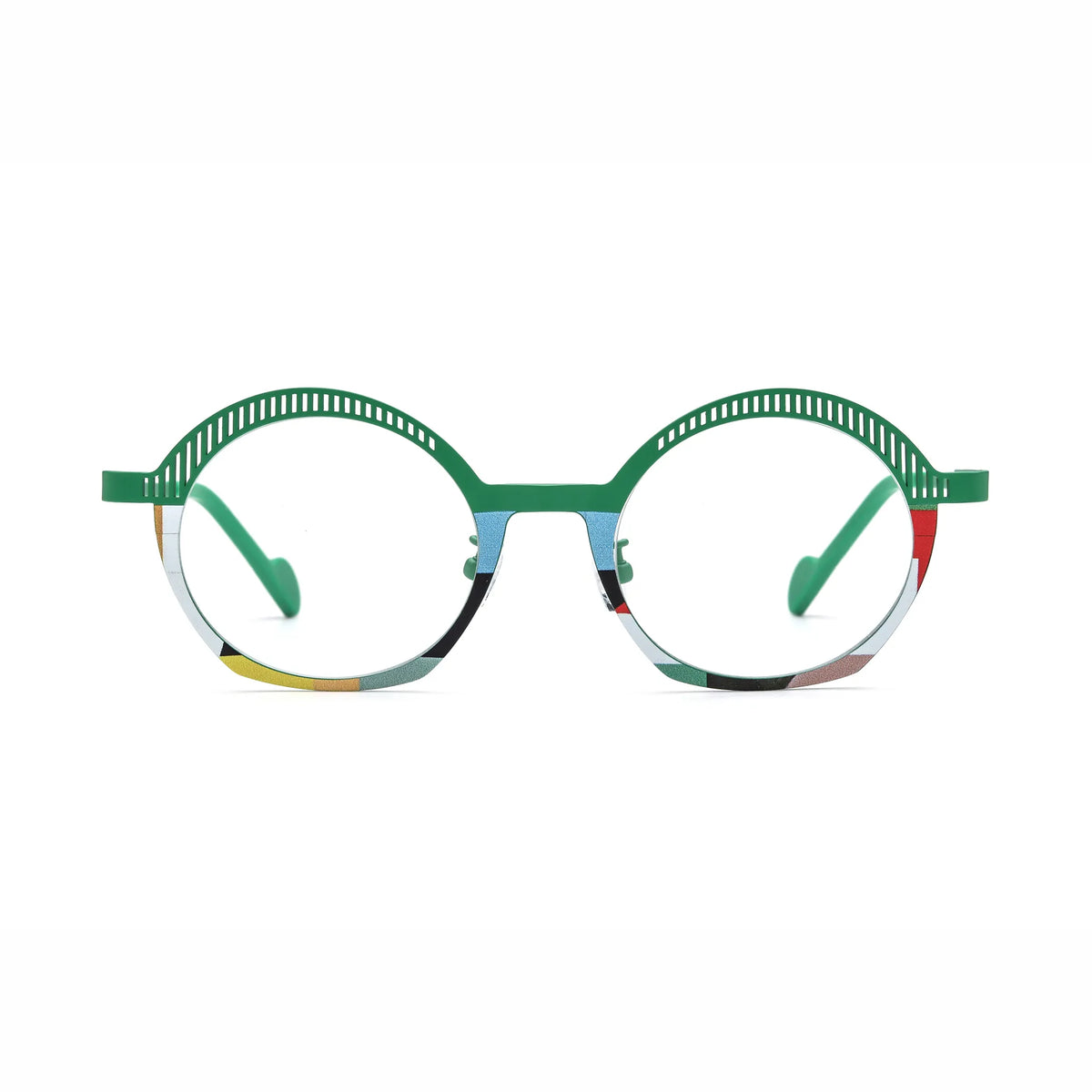 Barledear Meadow Mosaic eyeglasses front view with lightweight green titanium geometric oval frame and colorful mosaic lower rim