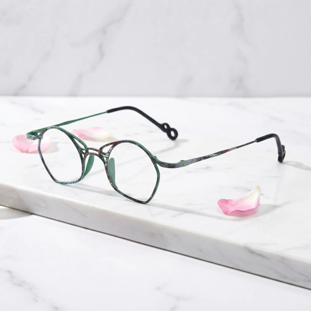 Barledear Meadow Mosaic Green eyeglasses angled side view showing slim temples and bridge detail