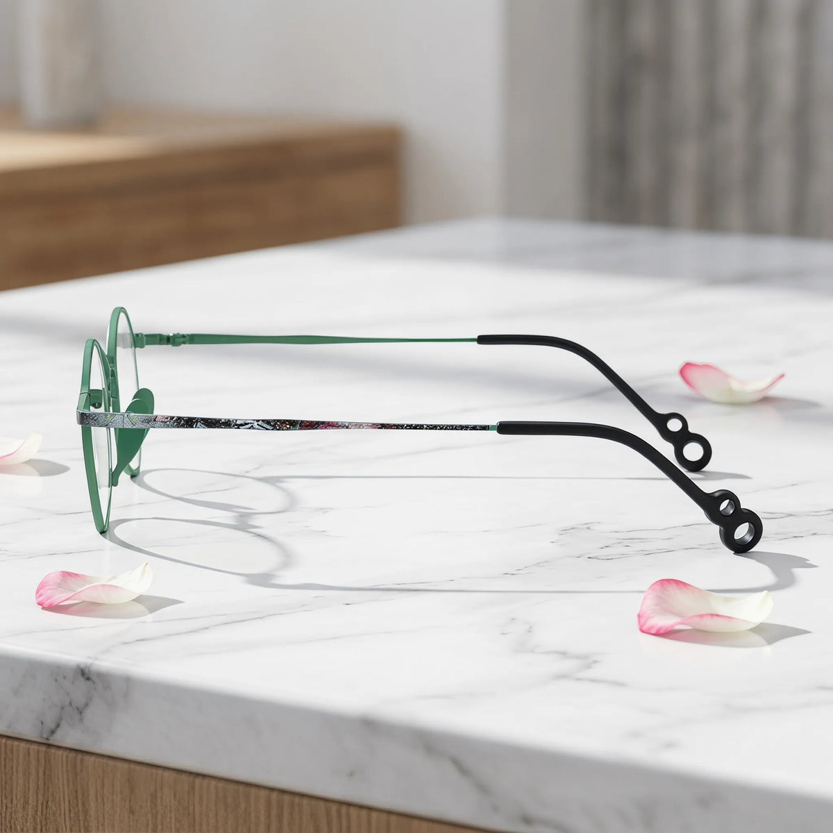 Barledear Meadow Mosaic Green eyeglasses  side view showing slim temples and bridge detail