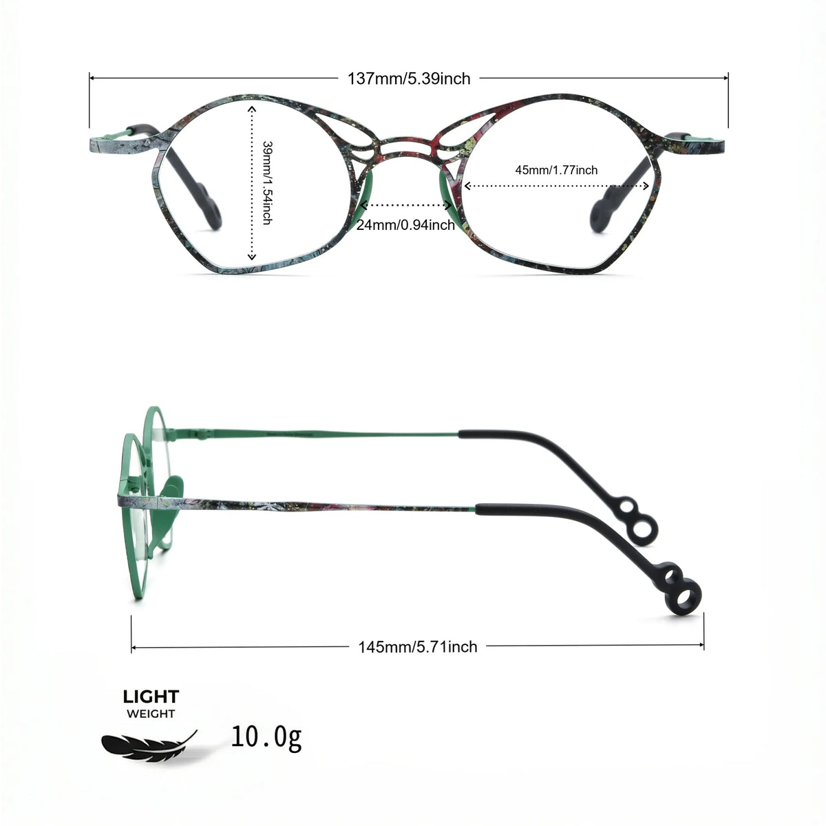 Barledear Meadow Mosaic Green eyeglasses size chart with frame width lens width bridge and temple measurements