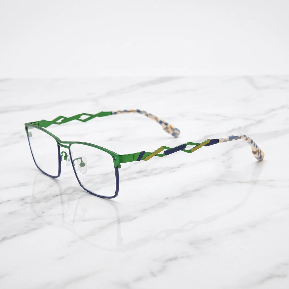 Barledear Meadow Navy Blue eyeglasses angled side view showing slim cutout temples, square lenses, and bridge detail