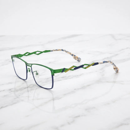 Barledear Meadow Navy Blue eyeglasses angled side view showing slim cutout temples, square lenses, and bridge detail