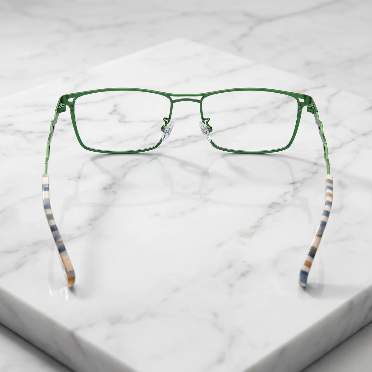 Barledear Meadow Navy Blue eyeglasses back view showing adjustable nose pads, lightweight full-rim frame, and temple structure