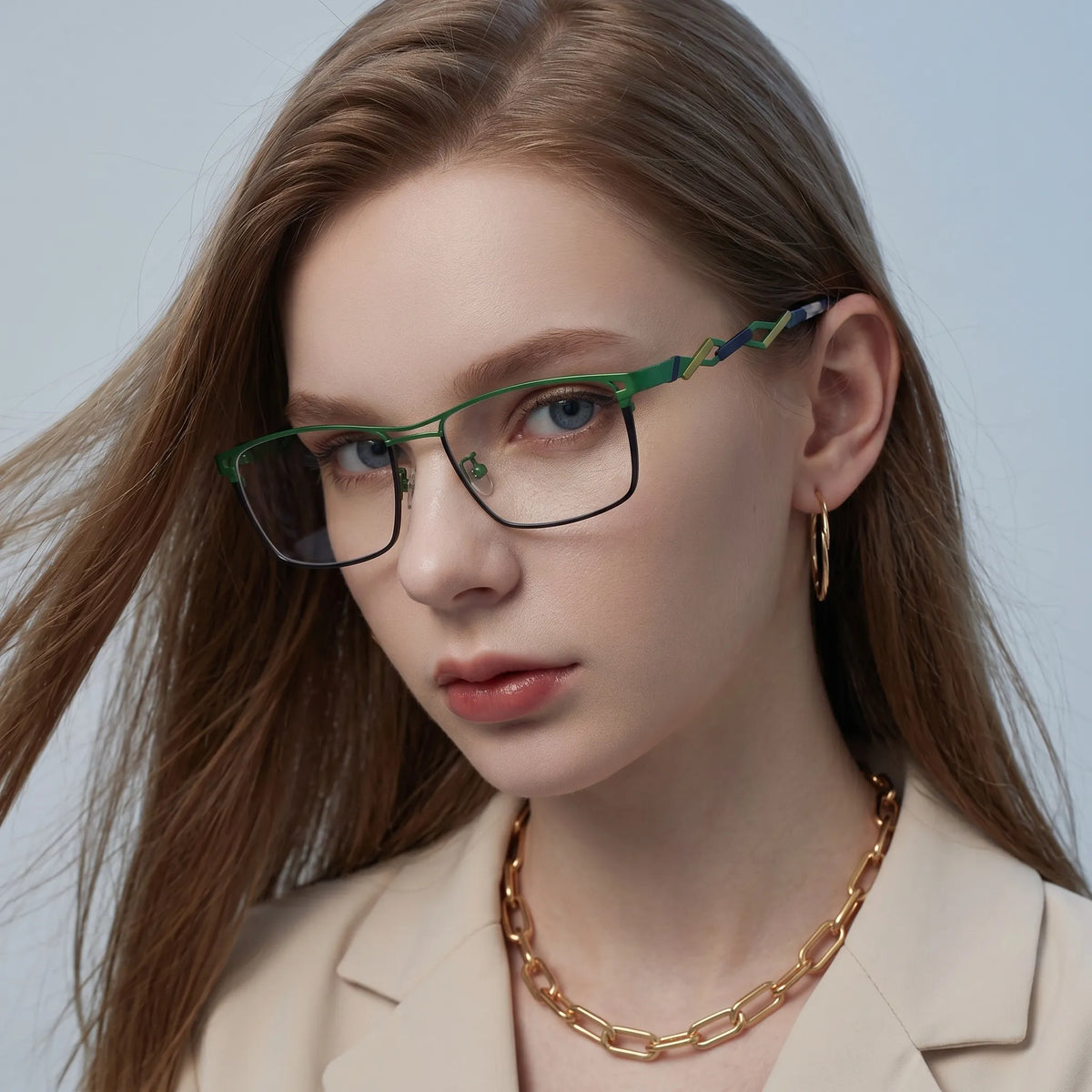 Model wearing Barledear Meadow Navy Blue eyeglasses with lightweight square titanium frame in a lifestyle portrait