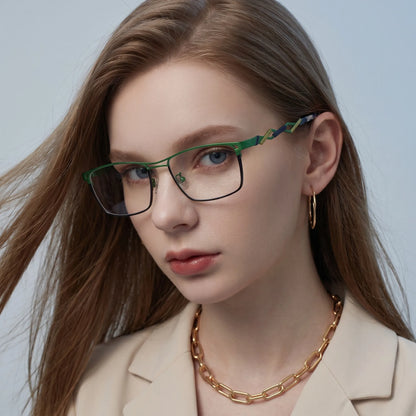 Model wearing Barledear Meadow Navy Blue eyeglasses with lightweight square titanium frame in a lifestyle portrait