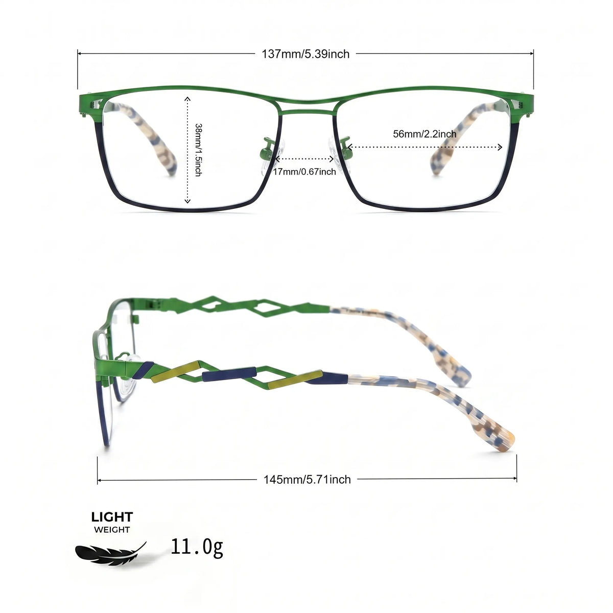 Barledear Meadow Navy Blue eyeglasses size chart with 137 mm frame width, 56 mm lens width, 38 mm lens height, 17 mm bridge, and 145 mm temple