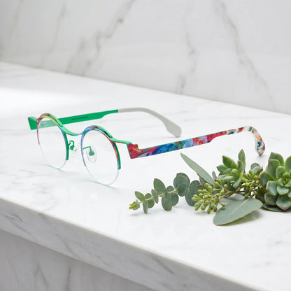 Barledear Meadow Splash eyeglasses angled side view showing colorful temple details, round lenses, and semi-rimless frame structure