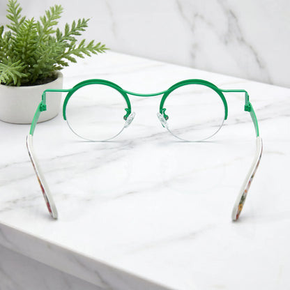 Barledear Meadow Splash eyeglasses back view showing adjustable nose pads, slim temples, and lightweight pure titanium construction