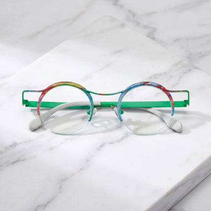 Barledear Meadow Splash eyeglasses folded display showing slim titanium temples and multicolor artistic surface finish