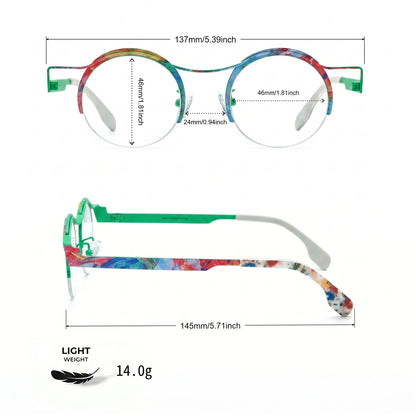 Barledear Meadow Splash eyeglasses size chart with 137mm frame width, 46mm lens width, 24mm bridge, 145mm temple length, and 14.0g weight