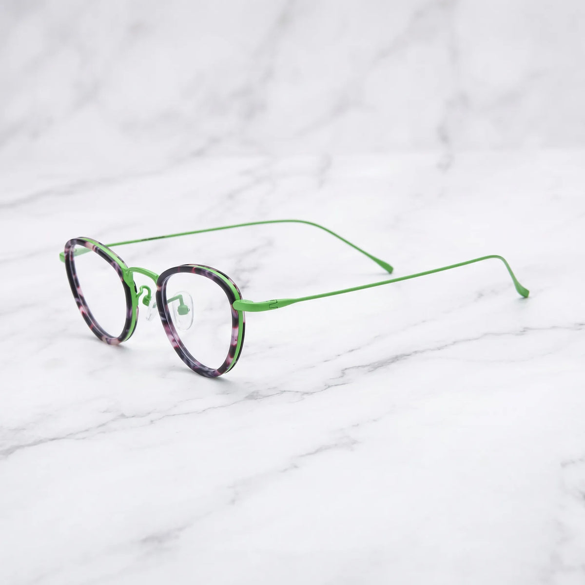 Barledear Meadow Violet eyeglasses angled side view showing slim temples bridge detail and adjustable nose pads