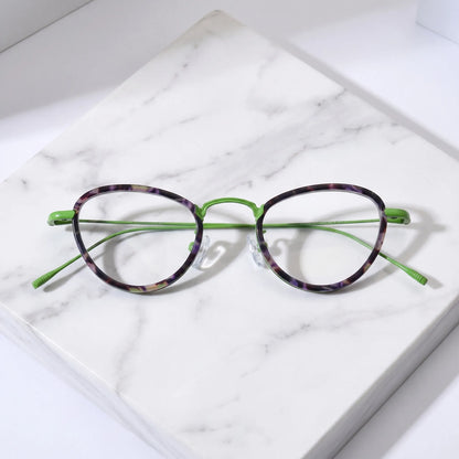 Barledear Meadow Violet eyeglasses folded display showing patterned acetate front and slim green titanium temples