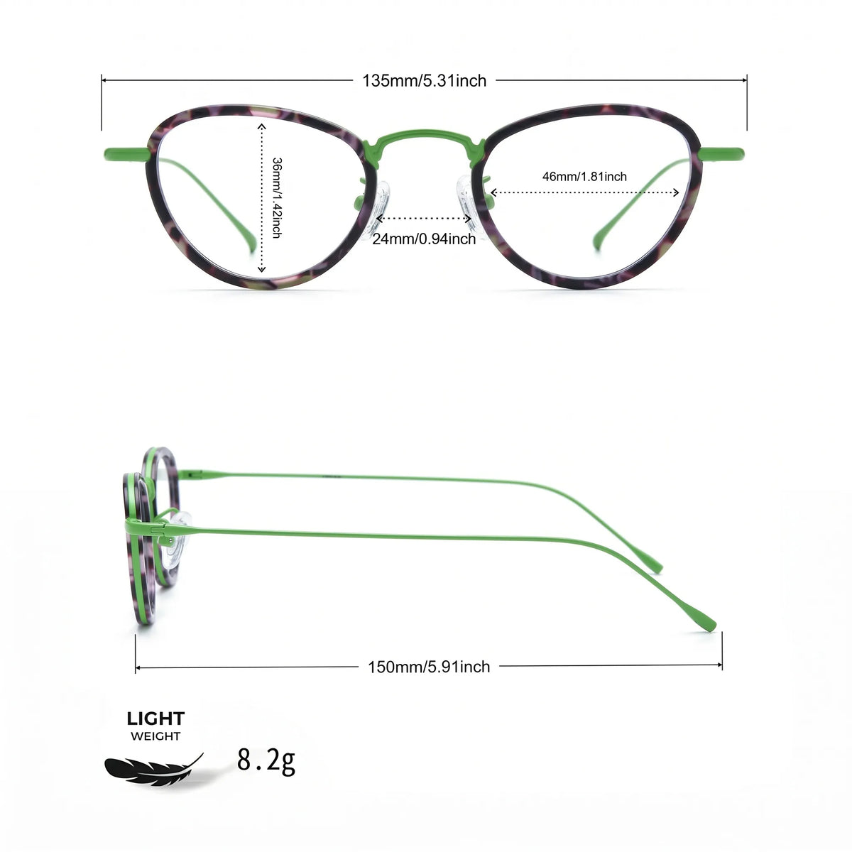 Barledear Meadow Violet eyeglasses size chart with 135mm frame width 46mm lens width 36mm lens height 24mm bridge 150mm temple and 8.2g lightweight design
