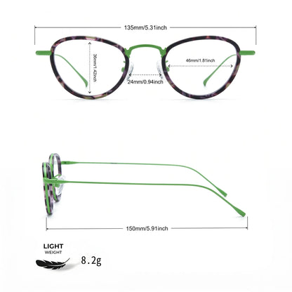 Barledear Meadow Violet eyeglasses size chart with 135mm frame width 46mm lens width 36mm lens height 24mm bridge 150mm temple and 8.2g lightweight design