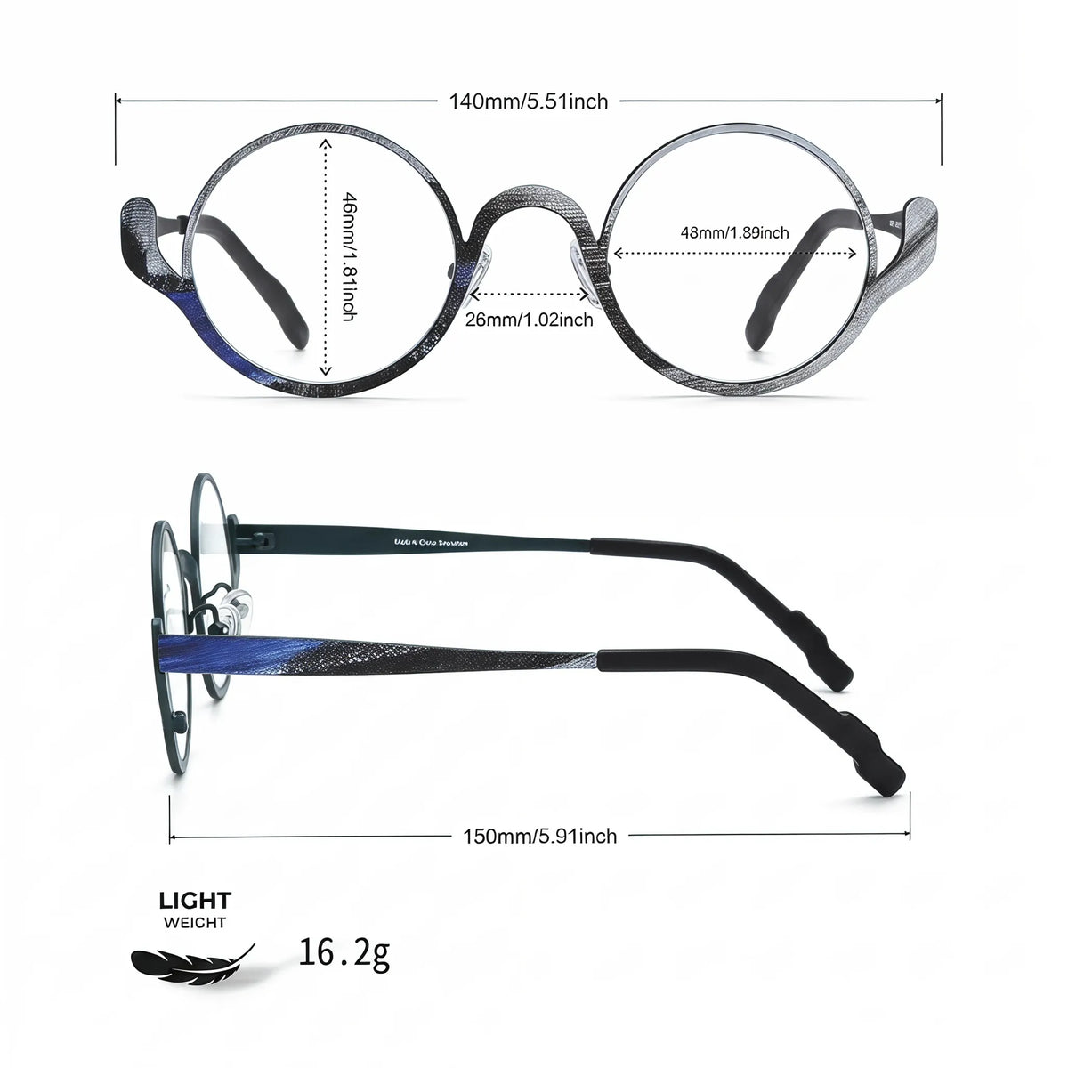 Barledear Midnight Graphite eyeglasses size chart showing 140mm frame width, 48mm lens width, 46mm lens height, 26mm bridge width, and 150mm temple length