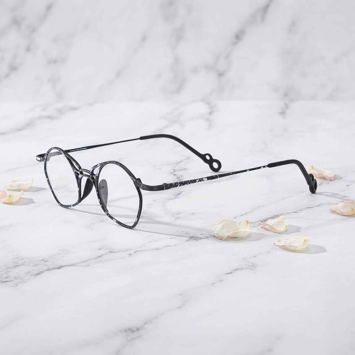 Barledear Midnight Marble Black eyeglasses angled side view showing slim temples and bridge detail