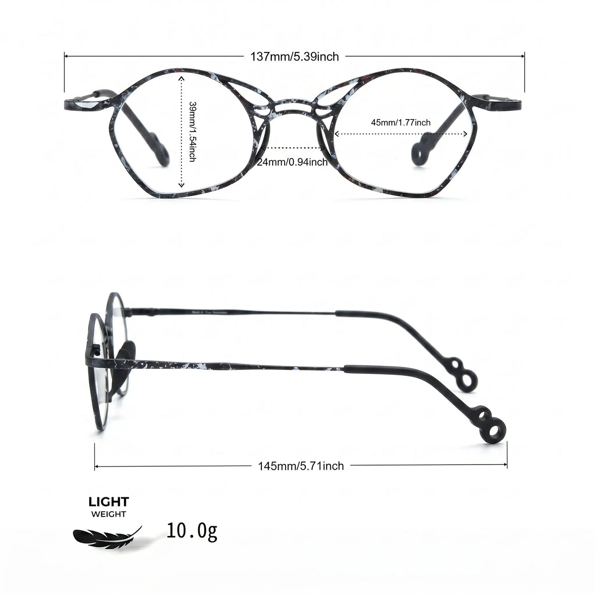 Barledear Midnight Marble Black eyeglasses size chart with frame width lens width bridge and temple measurements