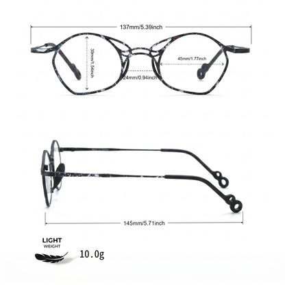 Barledear Midnight Marble Black eyeglasses size chart with frame width lens width bridge and temple measurements