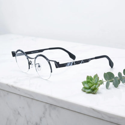 Barledear Midnight Marble eyeglasses angled side view showing black white marble frame details and semi-rimless round structure