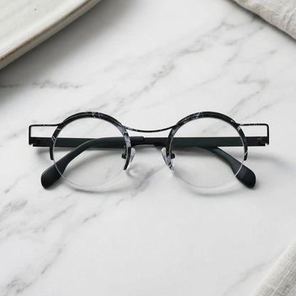 Barledear Midnight Marble eyeglasses folded display showing slim black titanium temples and marble color-spliced finish