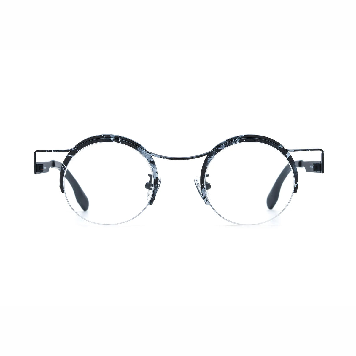 Barledear Midnight Marble eyeglasses front view with lightweight round pure titanium semi-rimless frame and black white marble accents