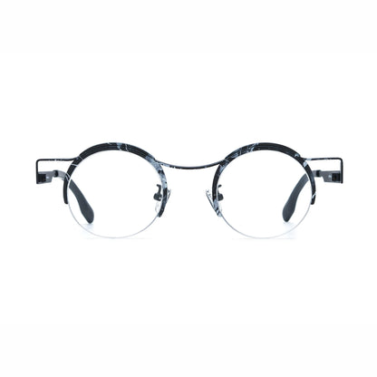 Barledear Midnight Marble eyeglasses front view with lightweight round pure titanium semi-rimless frame and black white marble accents