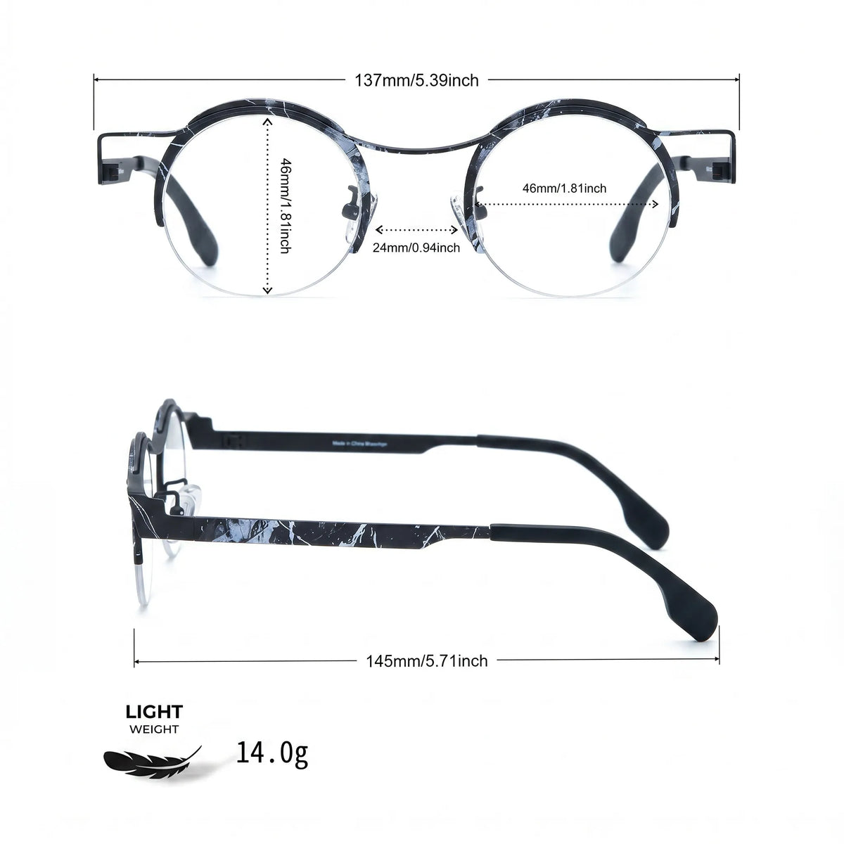 Barledear Midnight Marble eyeglasses size chart with 137mm frame width, 46mm lens width, 24mm bridge, 145mm temple length, and 14.0g weight