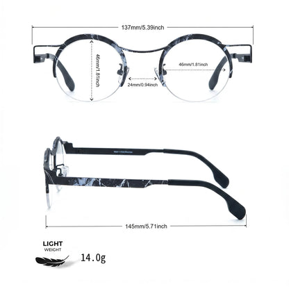 Barledear Midnight Marble eyeglasses size chart with 137mm frame width, 46mm lens width, 24mm bridge, 145mm temple length, and 14.0g weight