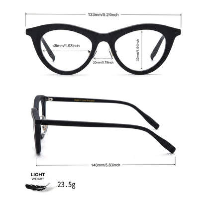 Barledear Midnight Matte cat-eye eyeglasses size chart showing 133 mm frame width, 49 mm lens width, 39 mm lens height, 20 mm bridge, and 148 mm temples