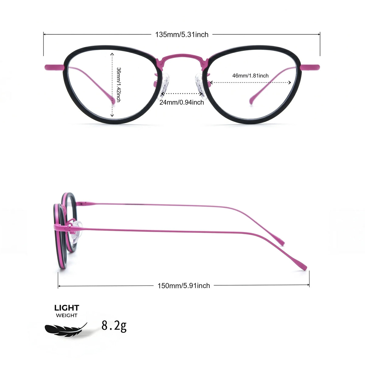 Barledear Midnight Rose eyeglasses size chart with 135mm frame width 46mm lens width 36mm lens height 24mm bridge 150mm temple and 8.2g lightweight design