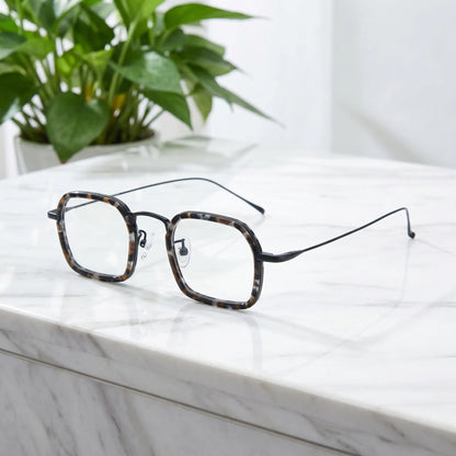 Barledear Midnight Tortoise Black eyeglasses angled side view showing slim titanium temples and bridge detail