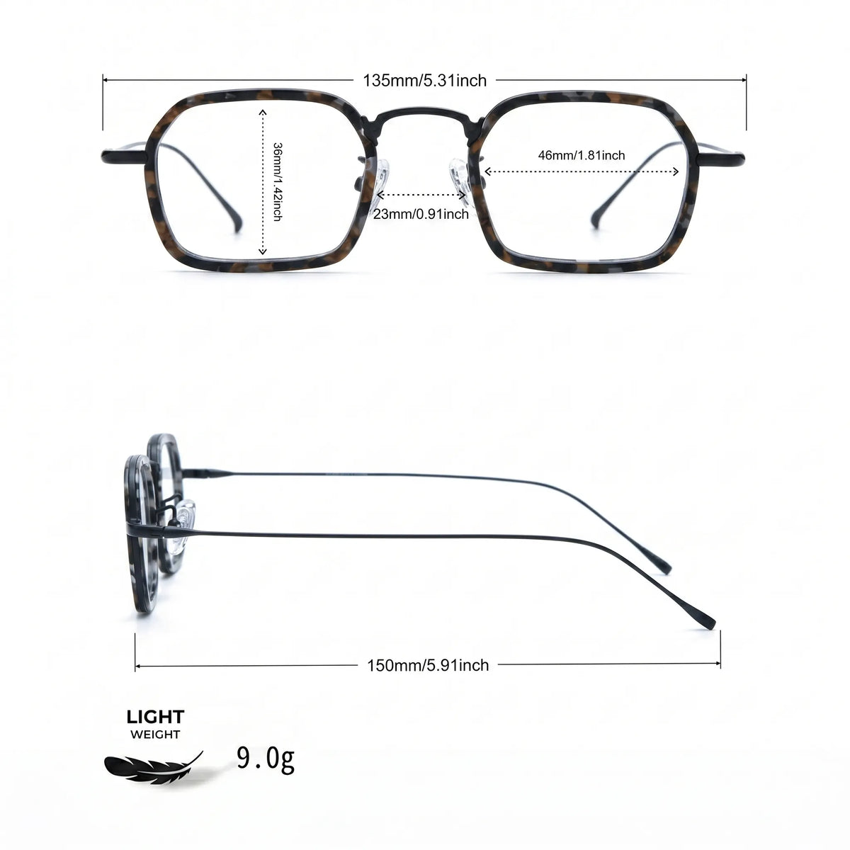 Barledear Midnight Tortoise Black eyeglasses size chart with frame width lens width bridge and temple measurements