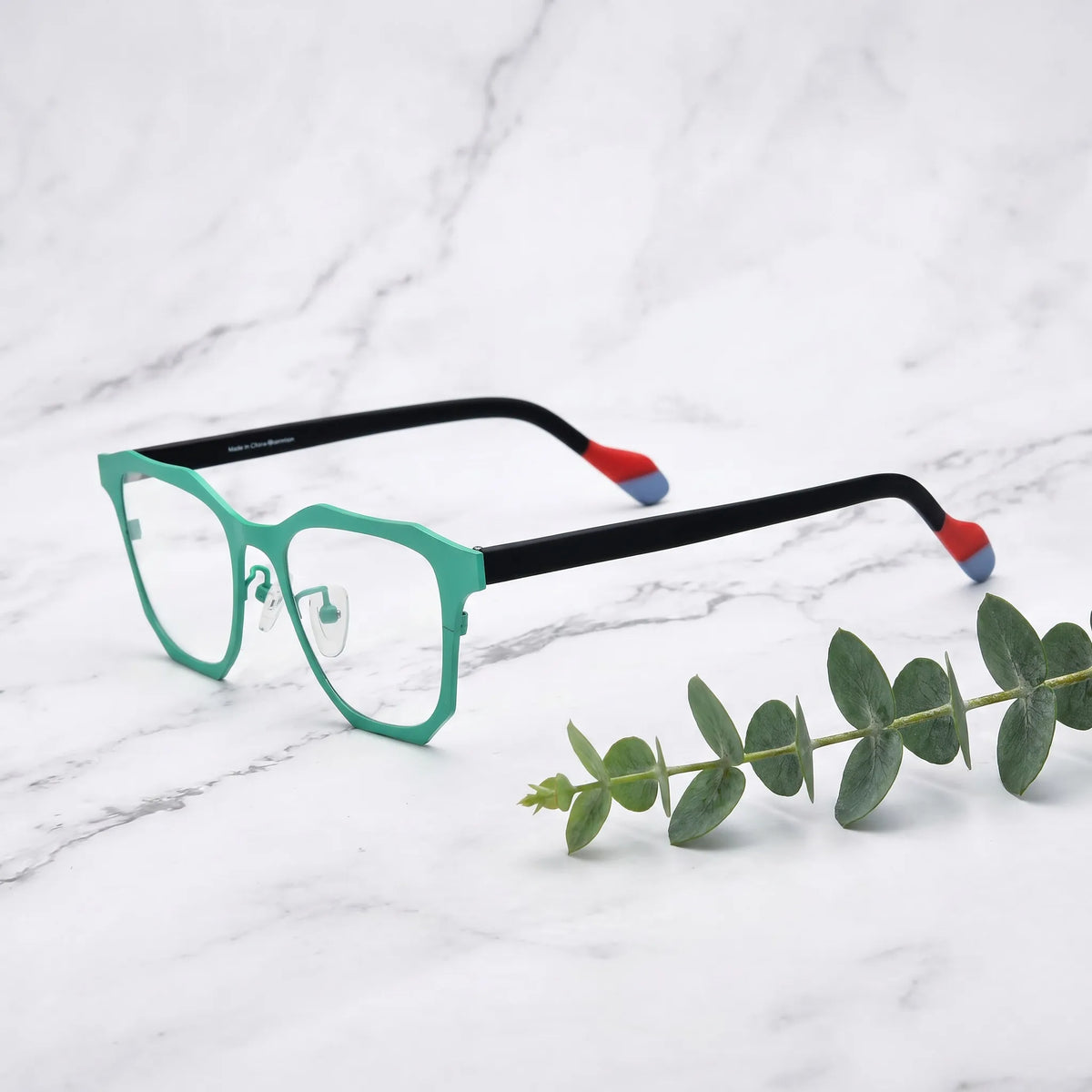 Barledear Mint Graphite eyeglasses angled side view showing slim temples, nose pad detail, and geometric bridge shape