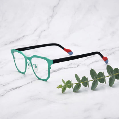 Barledear Mint Graphite eyeglasses angled side view showing slim temples, nose pad detail, and geometric bridge shape