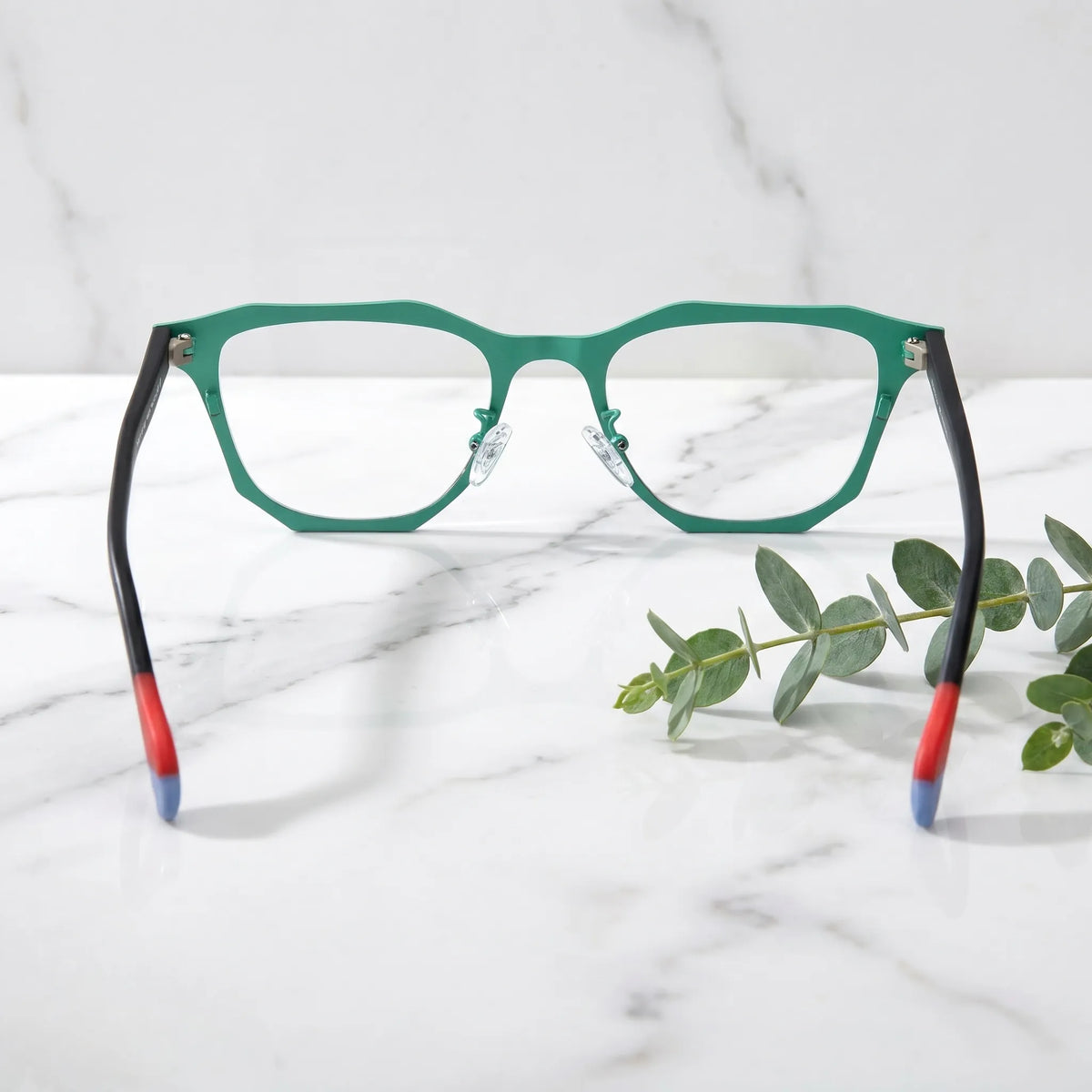 Barledear Mint Graphite eyeglasses back view showing full-rim frame construction, temple curve, and adjustable nose pads