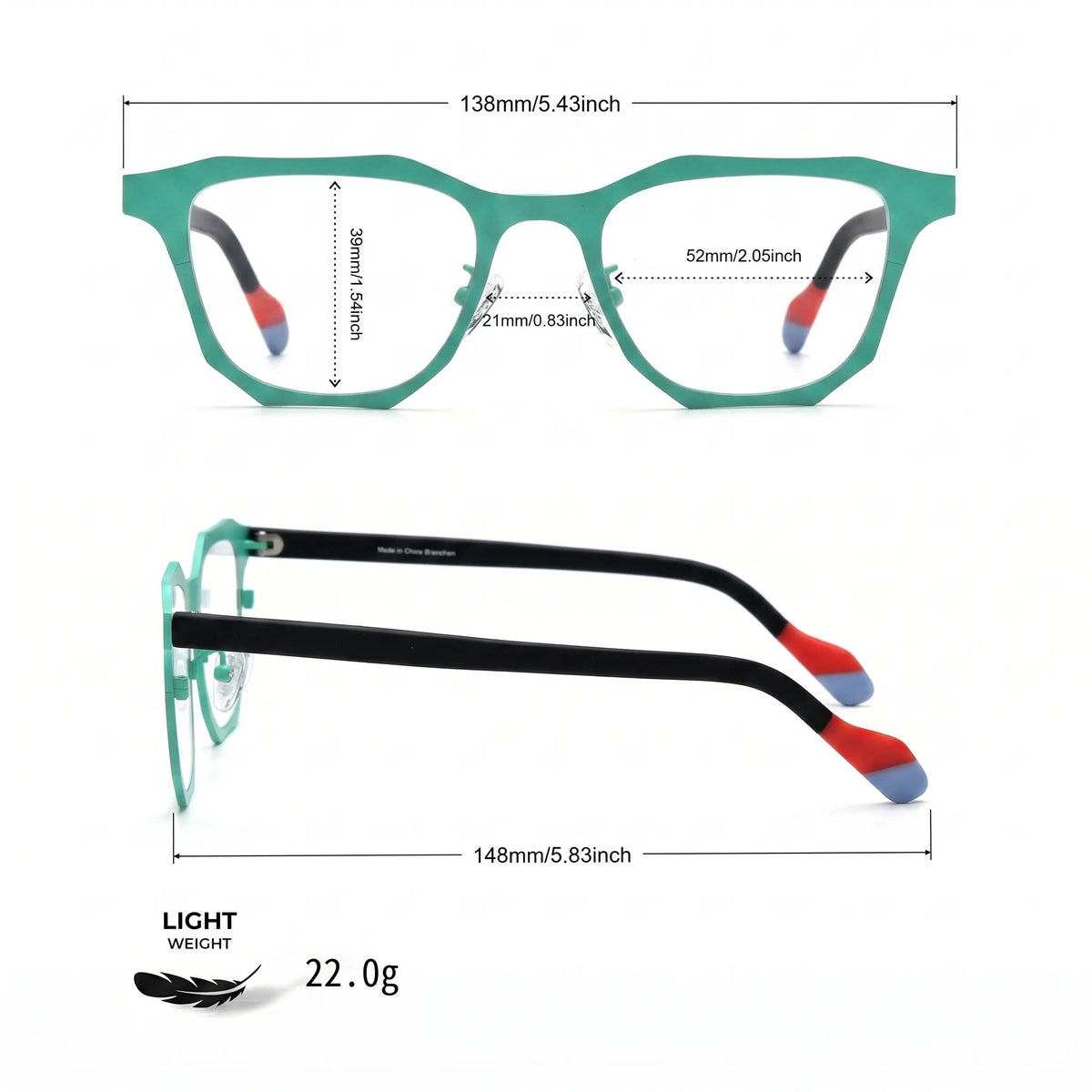 Barledear Mint Graphite eyeglasses size chart with frame width lens width bridge width lens height and temple measurements
