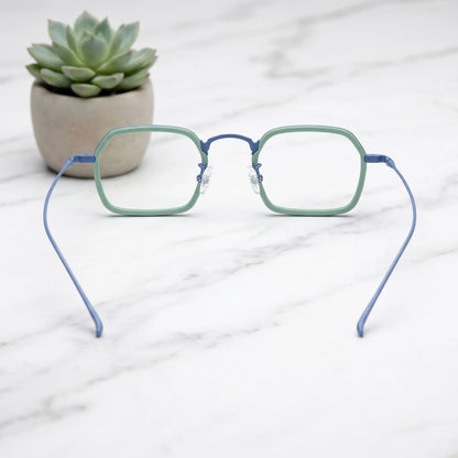 Barledear Mint Sky Blue eyeglasses back view showing temple shape and full-rim frame structure