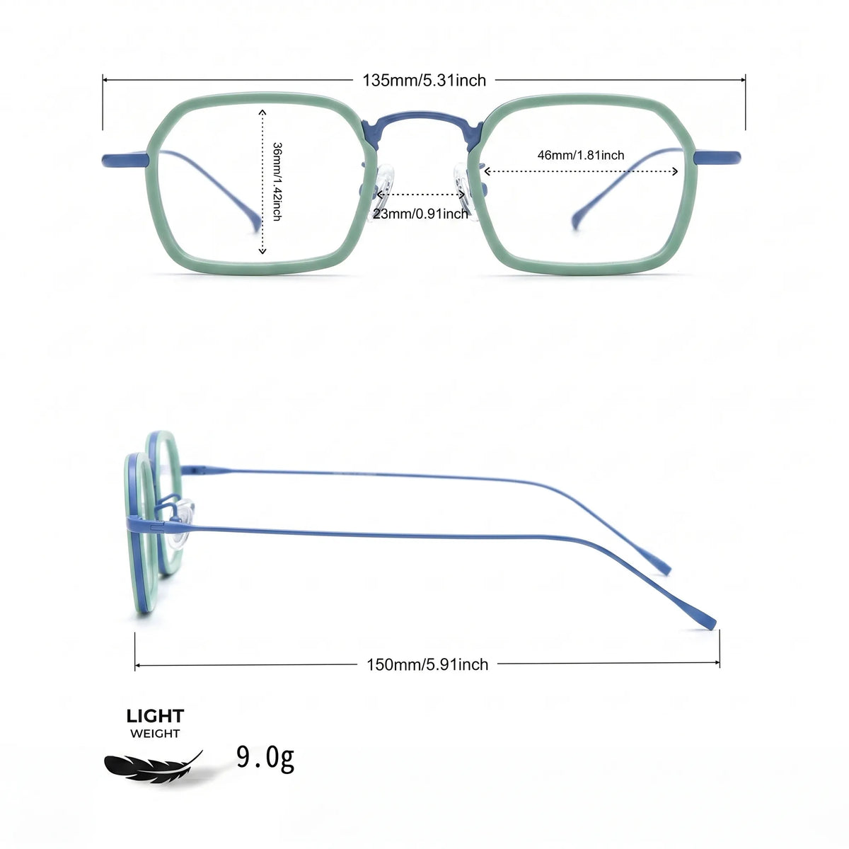 Barledear Mint Sky Blue eyeglasses size chart with frame width lens width bridge and temple measurements
