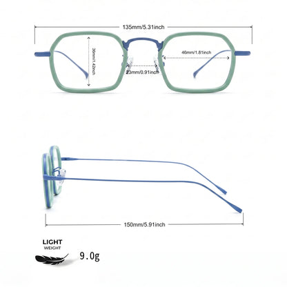 Barledear Mint Sky Blue eyeglasses size chart with frame width lens width bridge and temple measurements