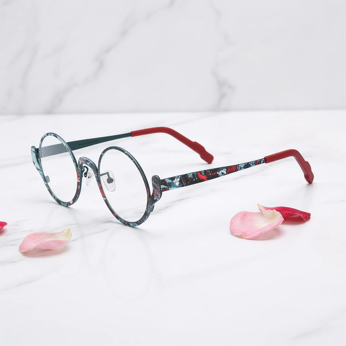 Barledear Mosaic Jade eyeglasses angled side view showing slim temples, adjustable nose pads, and a lightweight round full-rim titanium frame