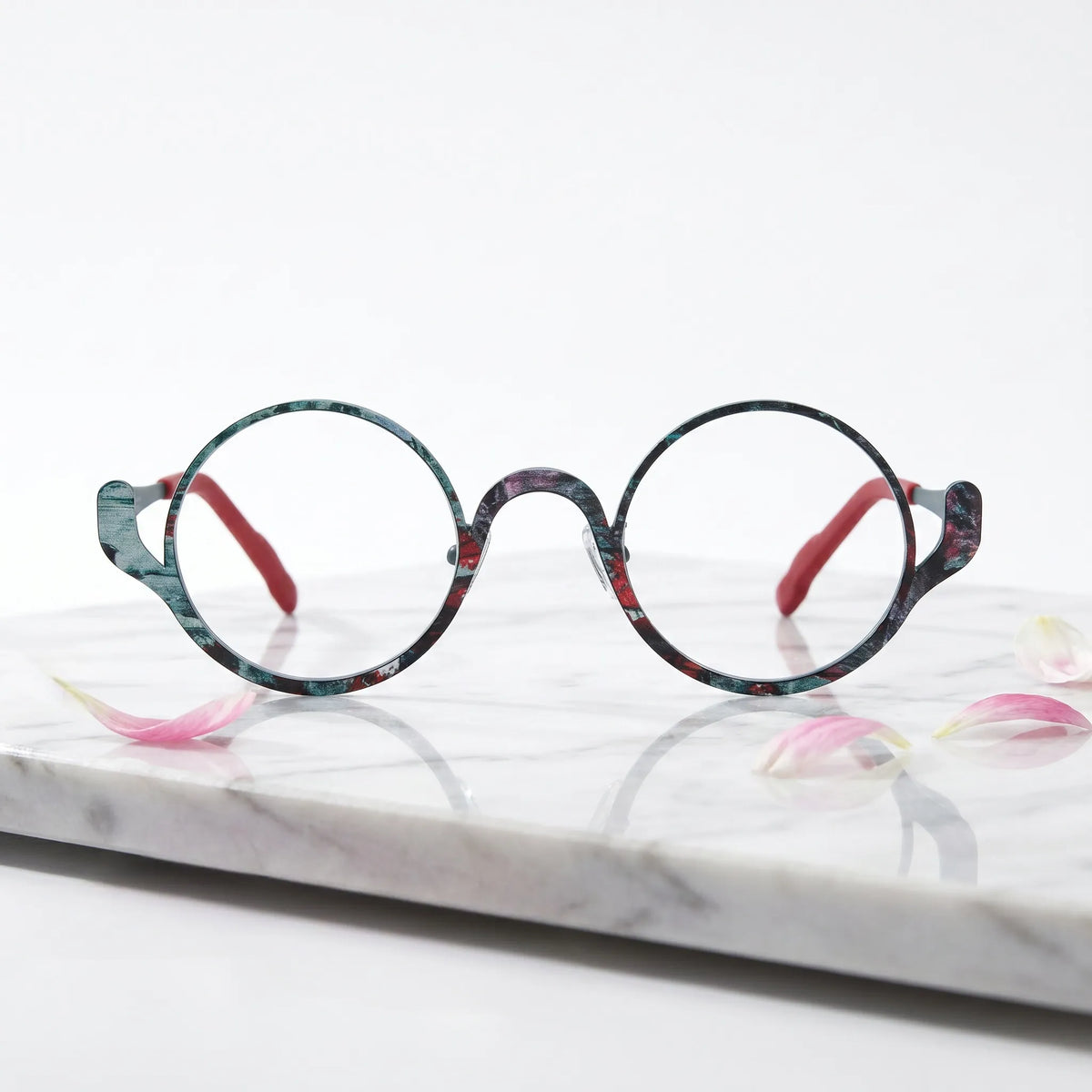 Barledear Mosaic Jade eyeglasses shown in a clean lifestyle front view highlighting the artistic round pure titanium frame and modern everyday style