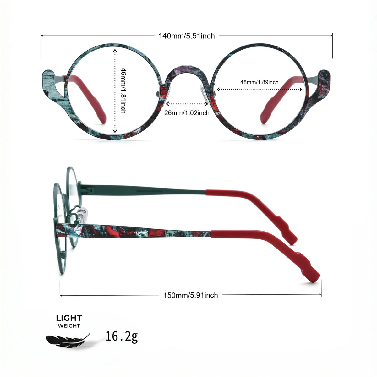 Barledear Mosaic Jade eyeglasses size chart showing 140mm frame width, 48mm lens width, 46mm lens height, 26mm bridge width, and 150mm temple length