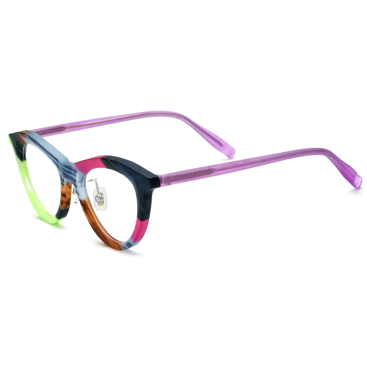 Barledear Neon Smoke Mosaic cat-eye acetate eyeglasses angled side view showing the patterned frame and translucent purple temples